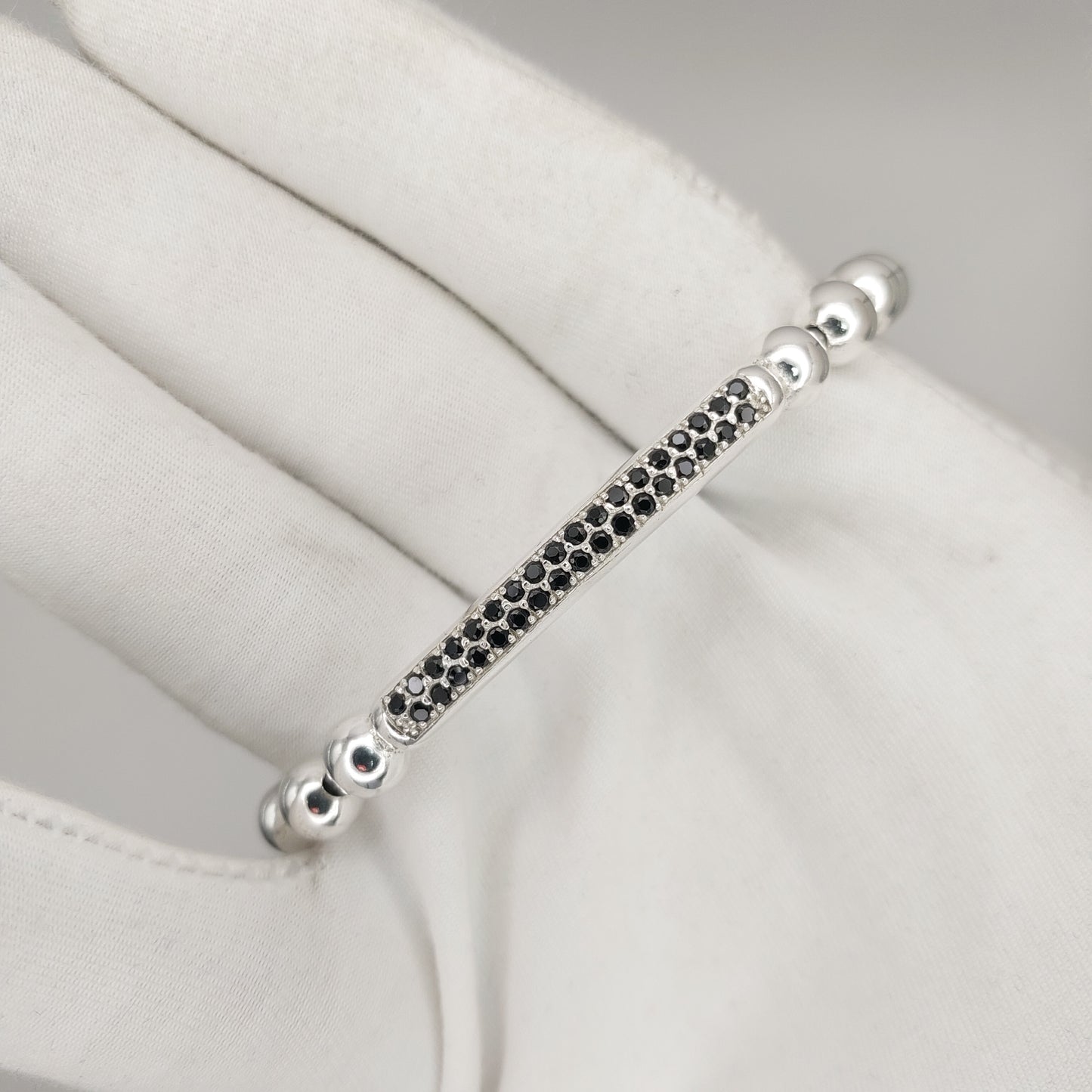 925 Sterling Silver Diamond Bar Stretch Bracelet | Handmade Black Diamond Bar Bracelet