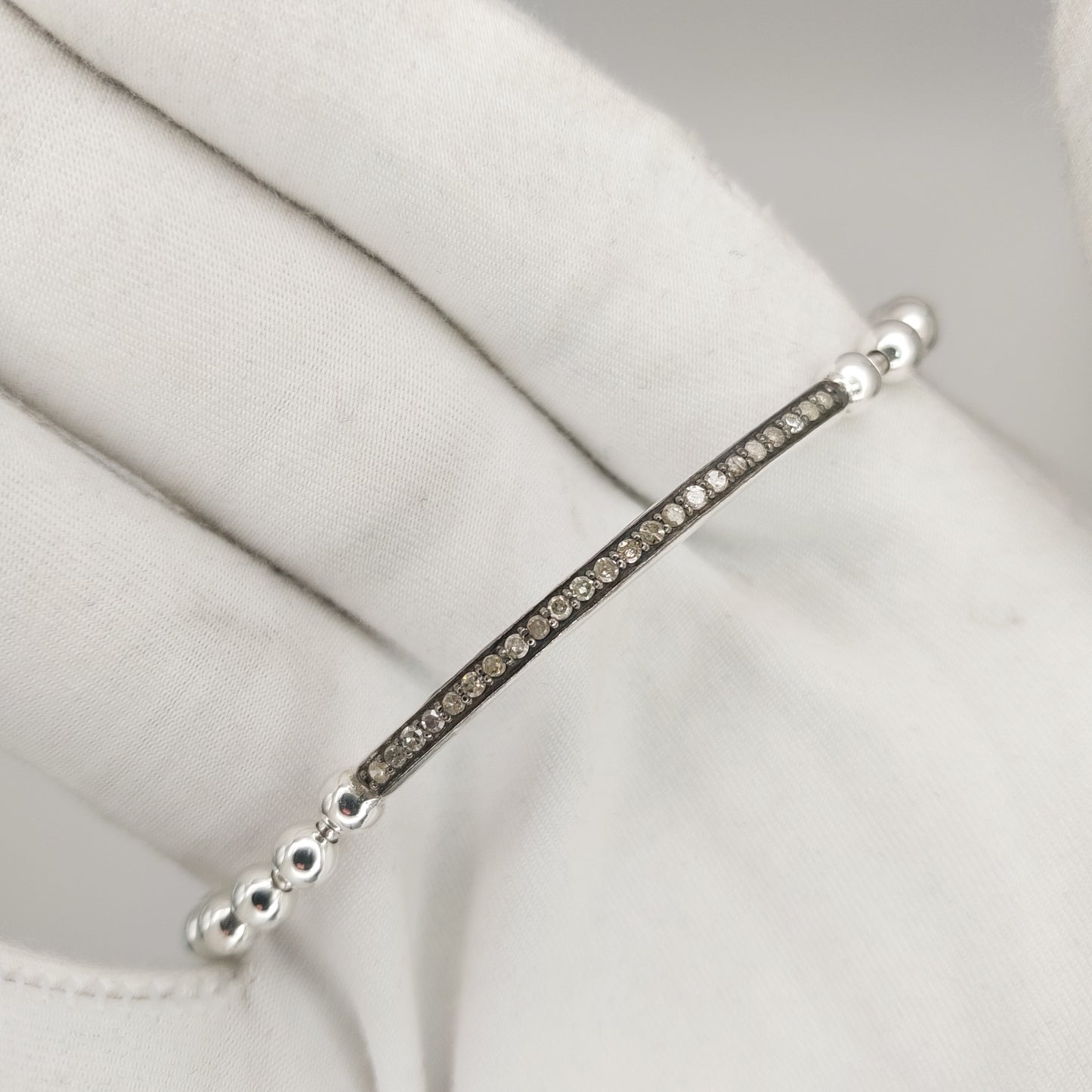 925 Sterling Silver Diamond Bar Stretch Bracelet | Handmade Black Diamond Bar Bracelet