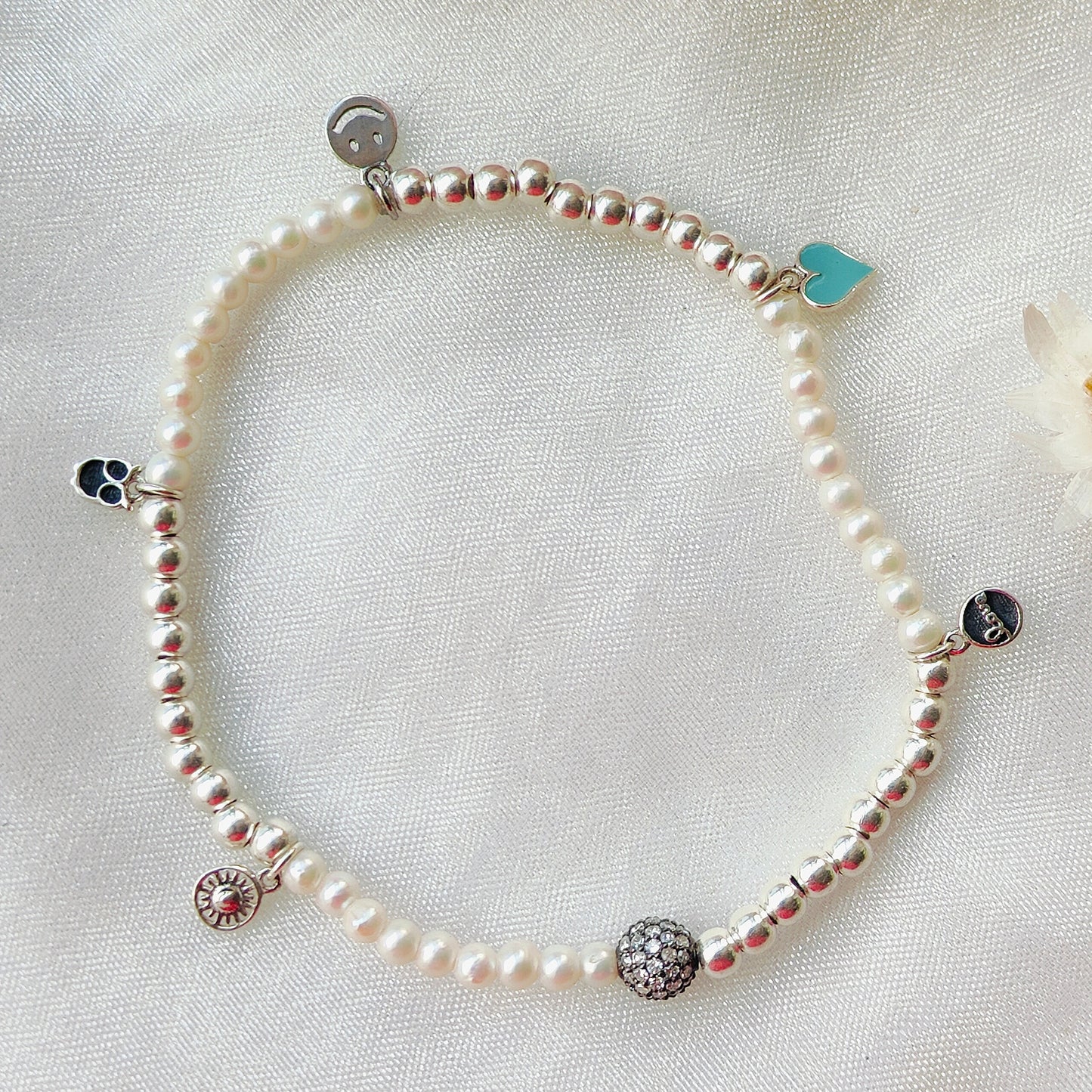 Stone & Silver Beads' Stretchable Bracelet with Charms with Dia