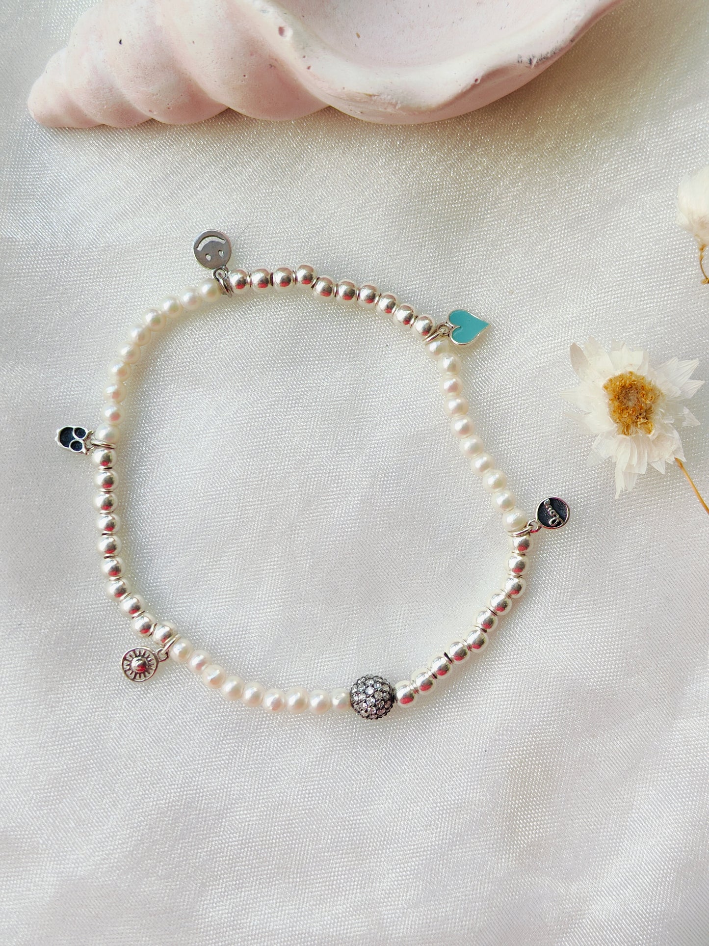 Stone & Silver Beads' Stretchable Bracelet with Charms with Dia