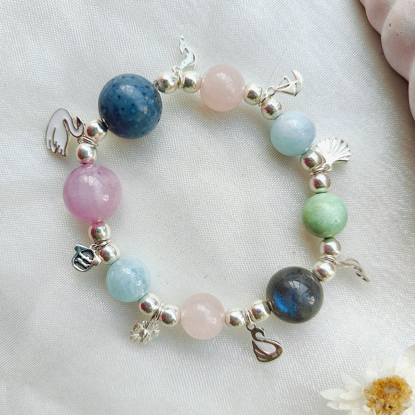 Stone & Silver Beads' Stretchable Bracelet with Charms