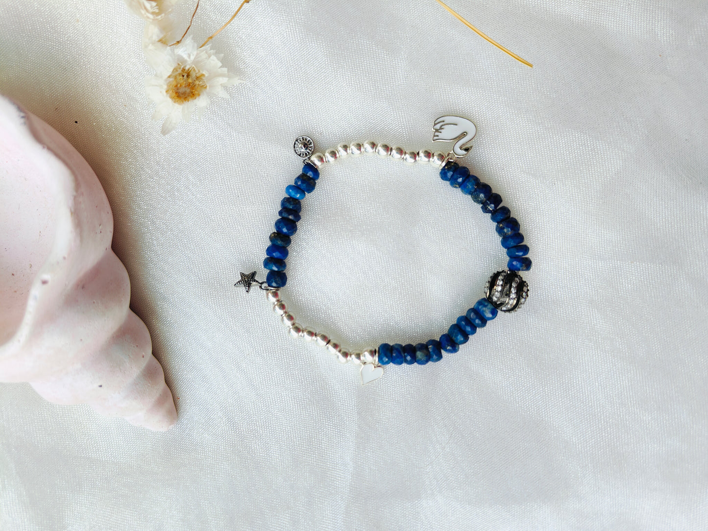 Stone & Silver Beads' Stretchable Bracelet with Charms with Dia