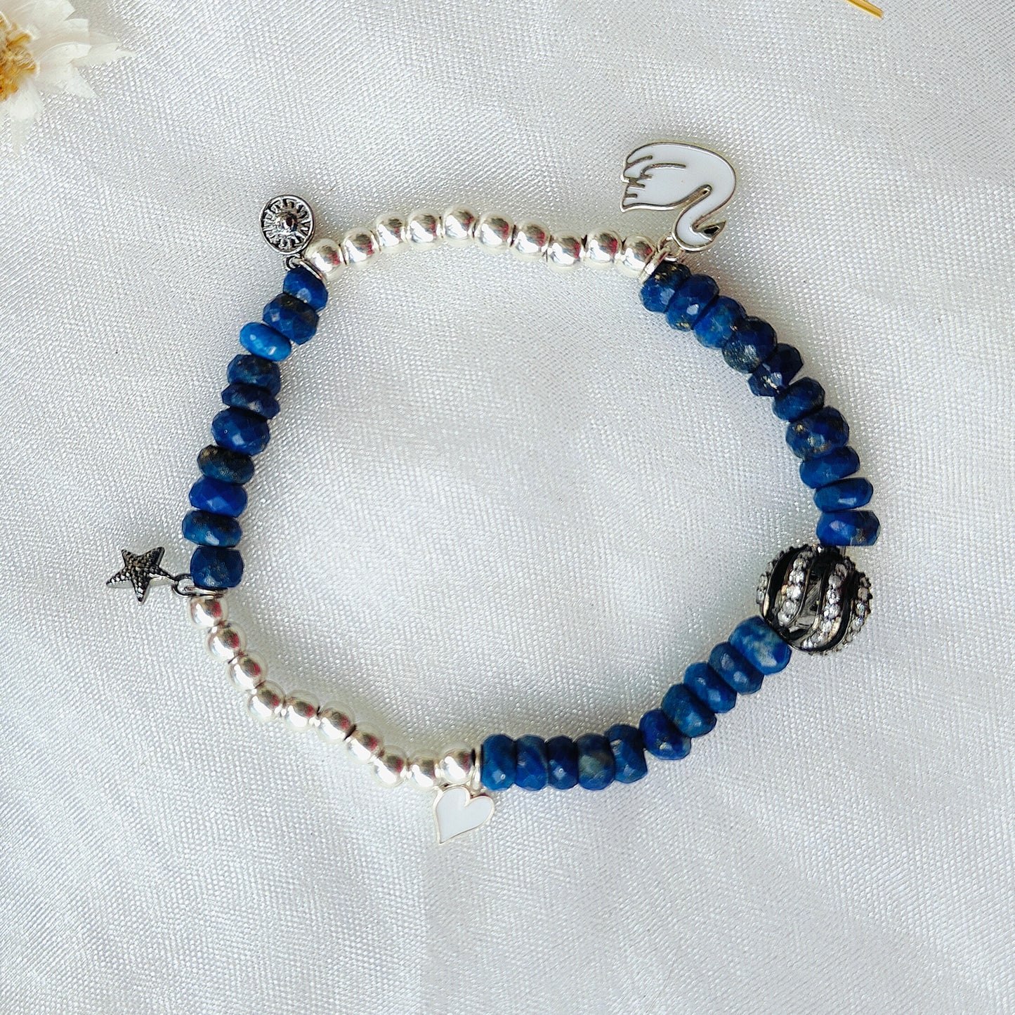 Stone & Silver Beads' Stretchable Bracelet with Charms with Dia