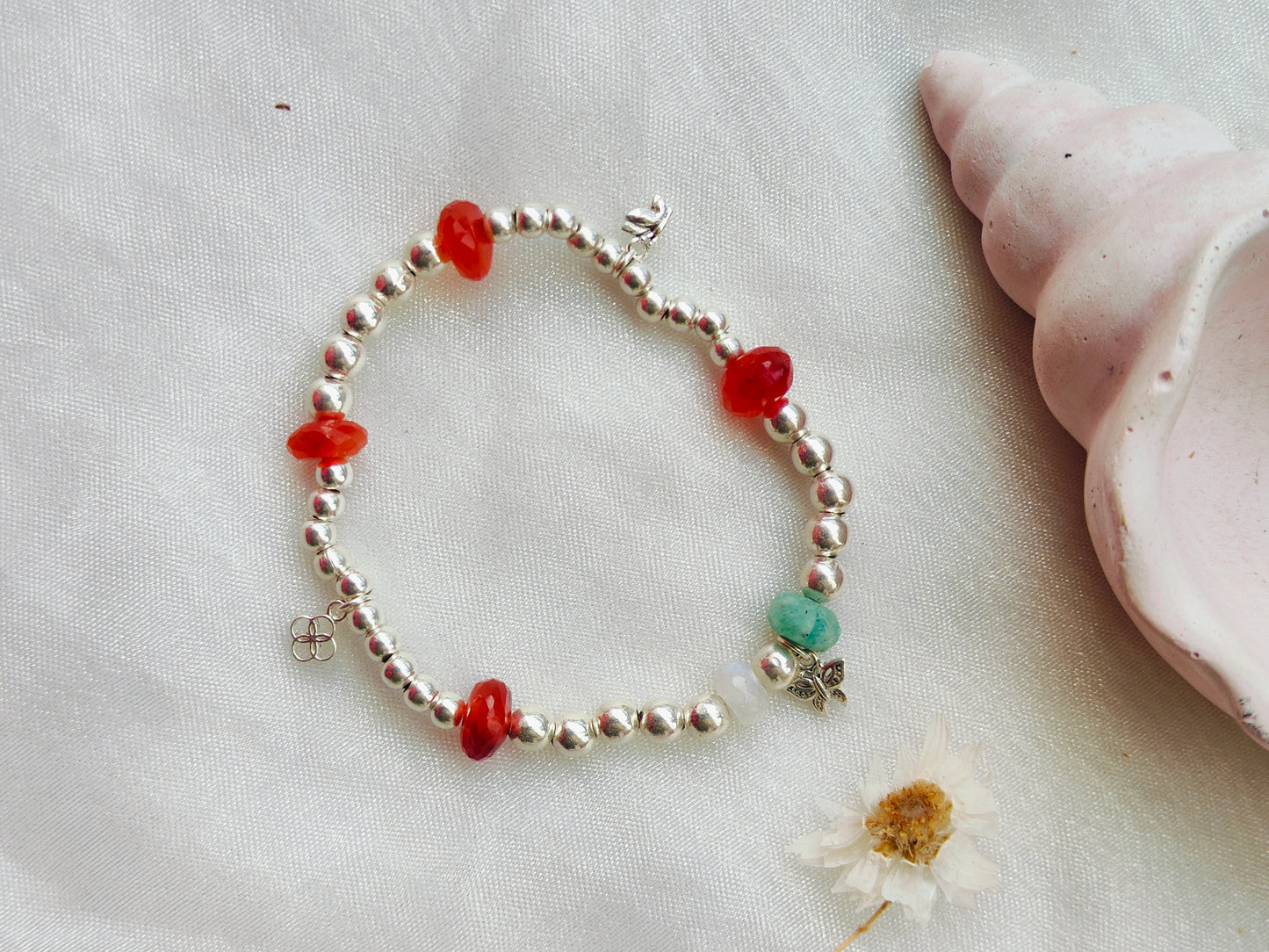 Stone & Silver Beads' Stretchable Bracelet with Charms