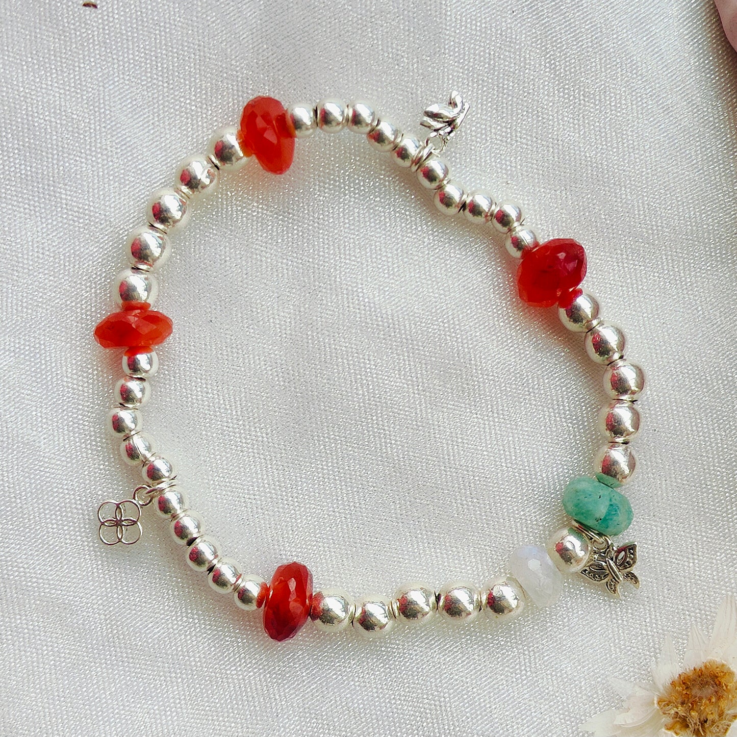 Stone & Silver Beads' Stretchable Bracelet with Charms