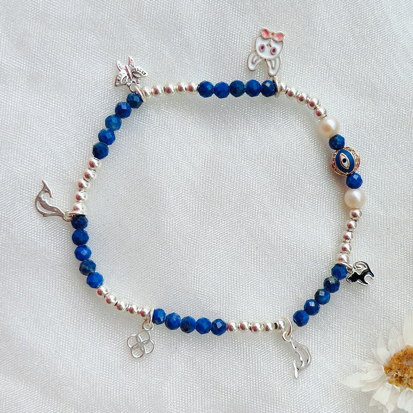 Gold Evil Eye with Dia, Silver & Stone Beads' Stretchable Bracelet with Charms