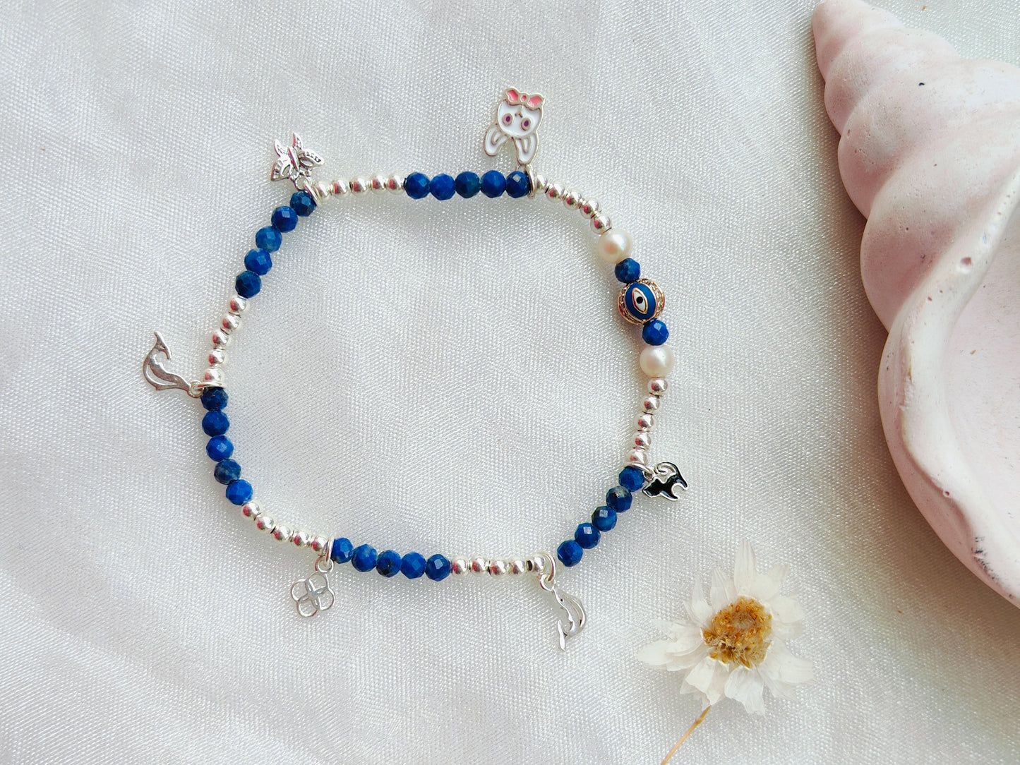 Gold Evil Eye with Dia, Silver & Stone Beads' Stretchable Bracelet with Charms