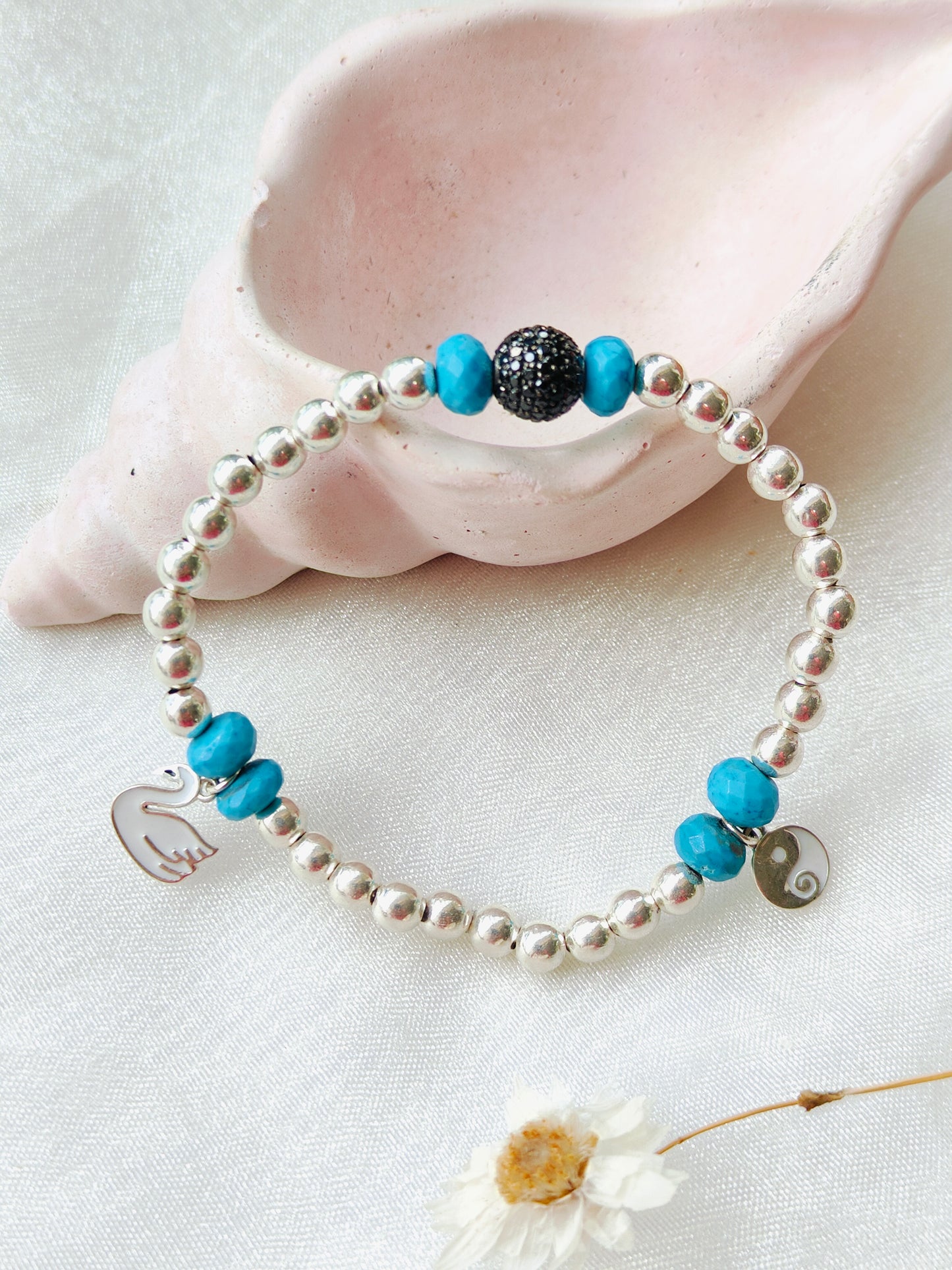 Stone & Silver Beads' Stretchable Bracelet with Charms with Dia