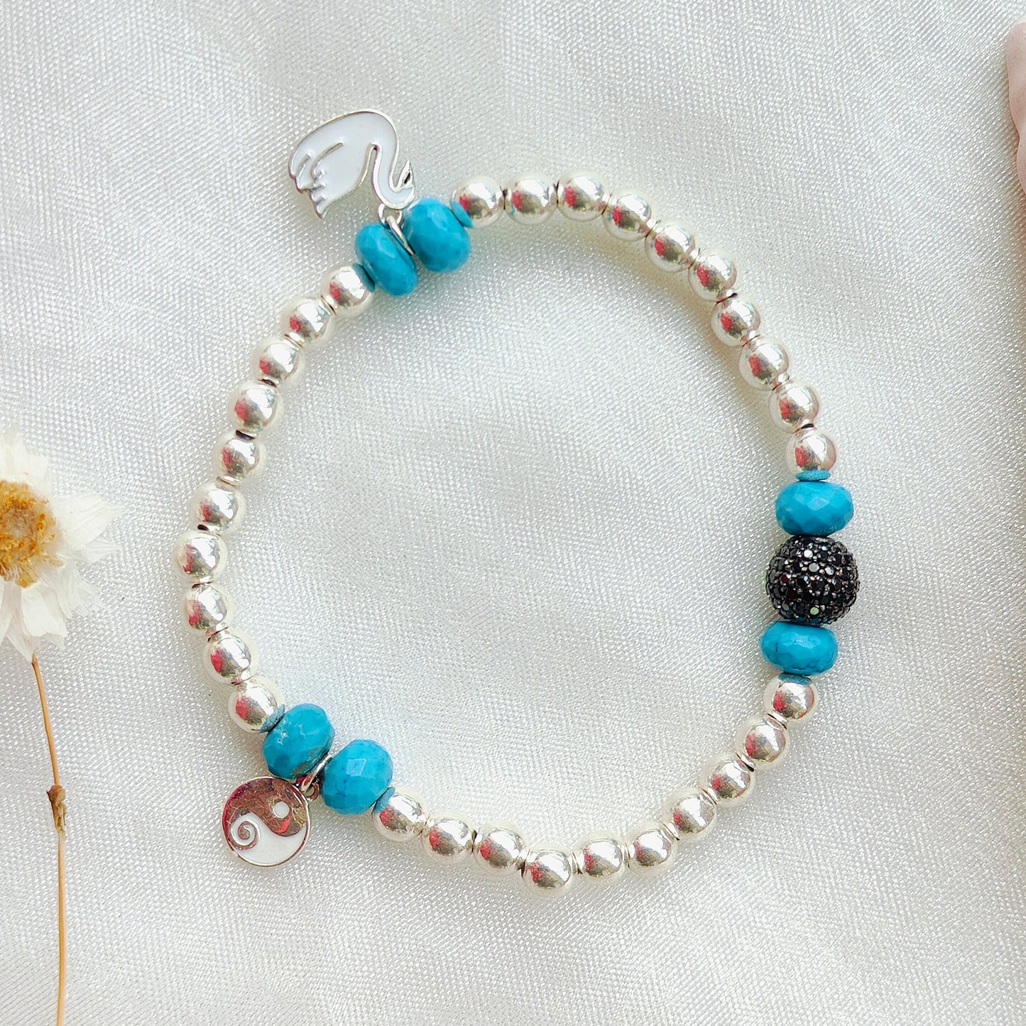 Stone & Silver Beads' Stretchable Bracelet with Charms with Dia