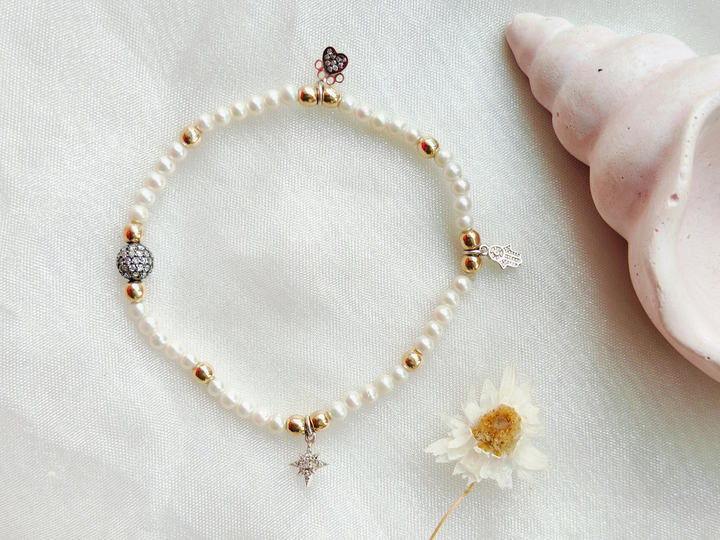 Gold, Silver & Stone Beads' Stretchable Bracelet with Charms