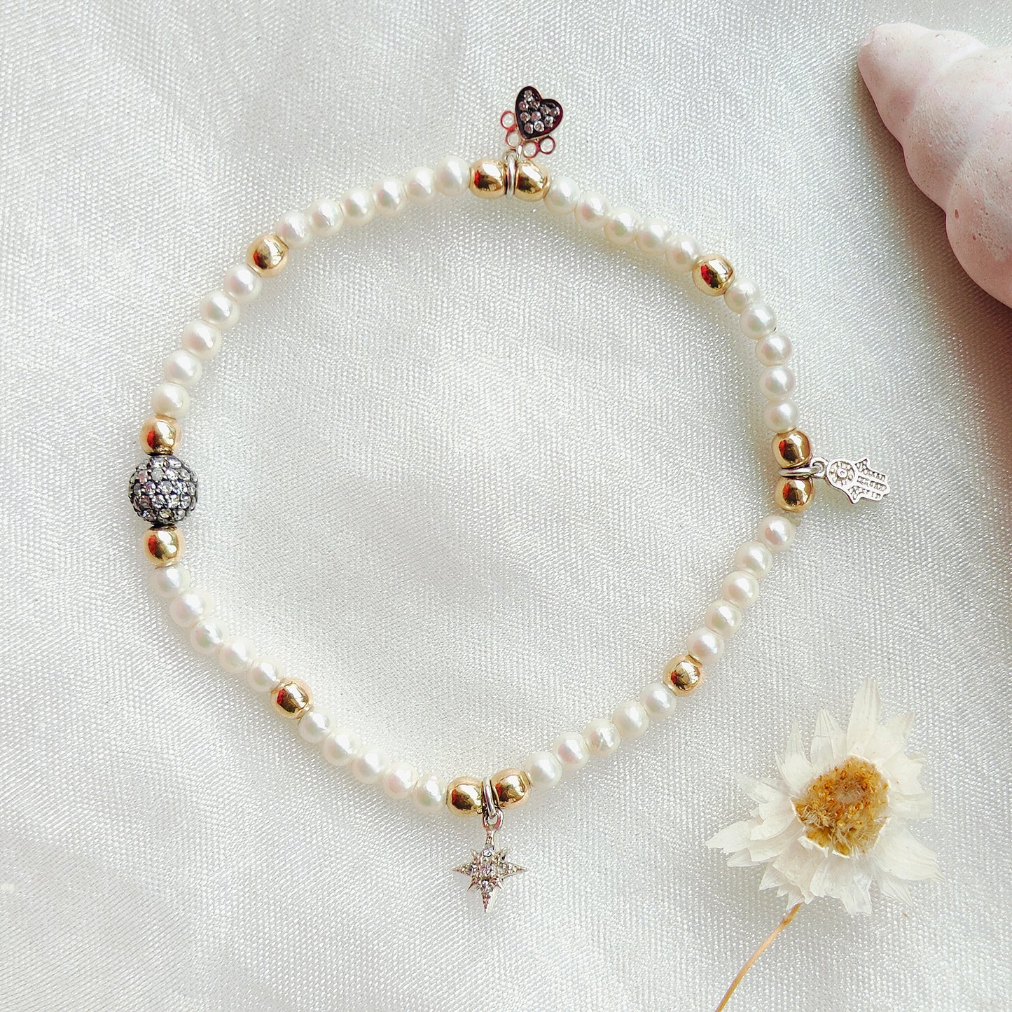 Gold, Silver & Stone Beads' Stretchable Bracelet with Charms