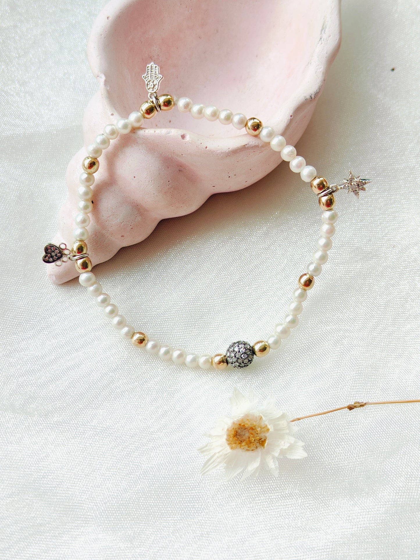 Gold, Silver & Stone Beads' Stretchable Bracelet with Charms