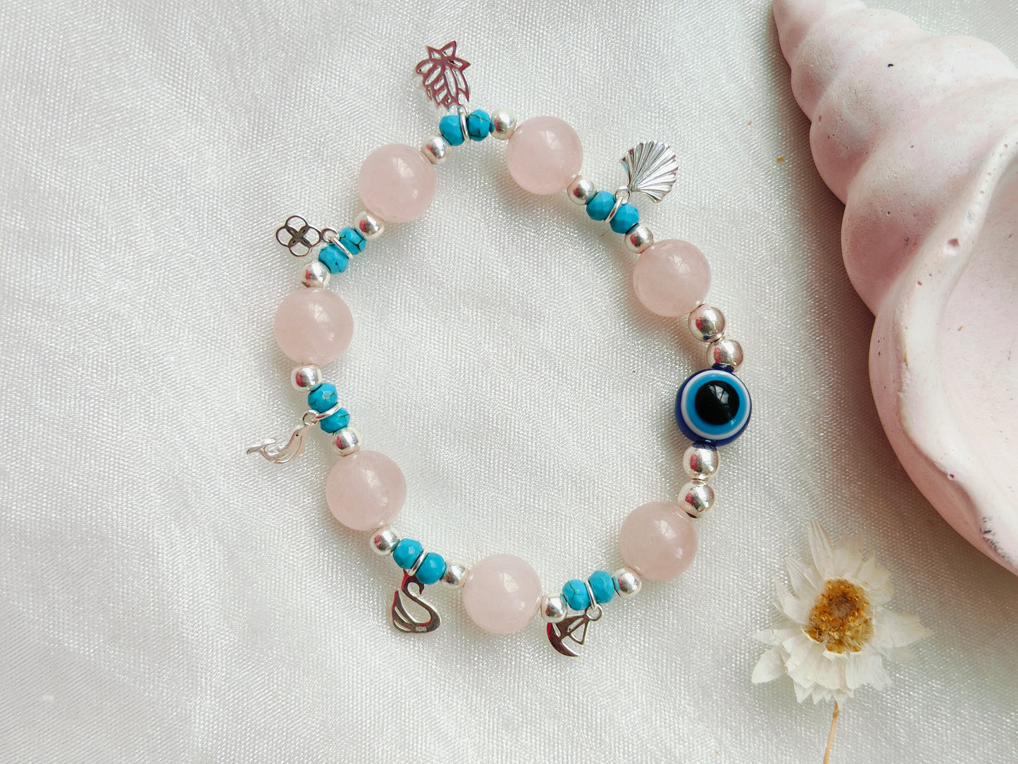 Charms, Stone & Silver Beads' Stretchable Bracelet with Evil Eye Stone