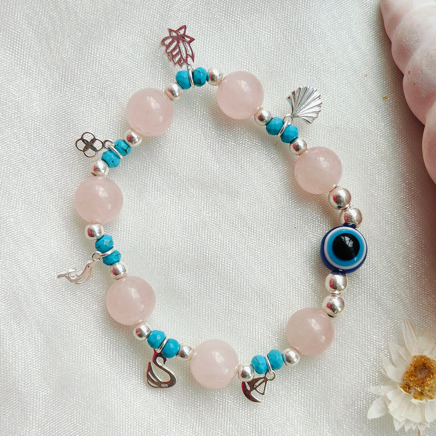Charms, Stone & Silver Beads' Stretchable Bracelet with Evil Eye Stone