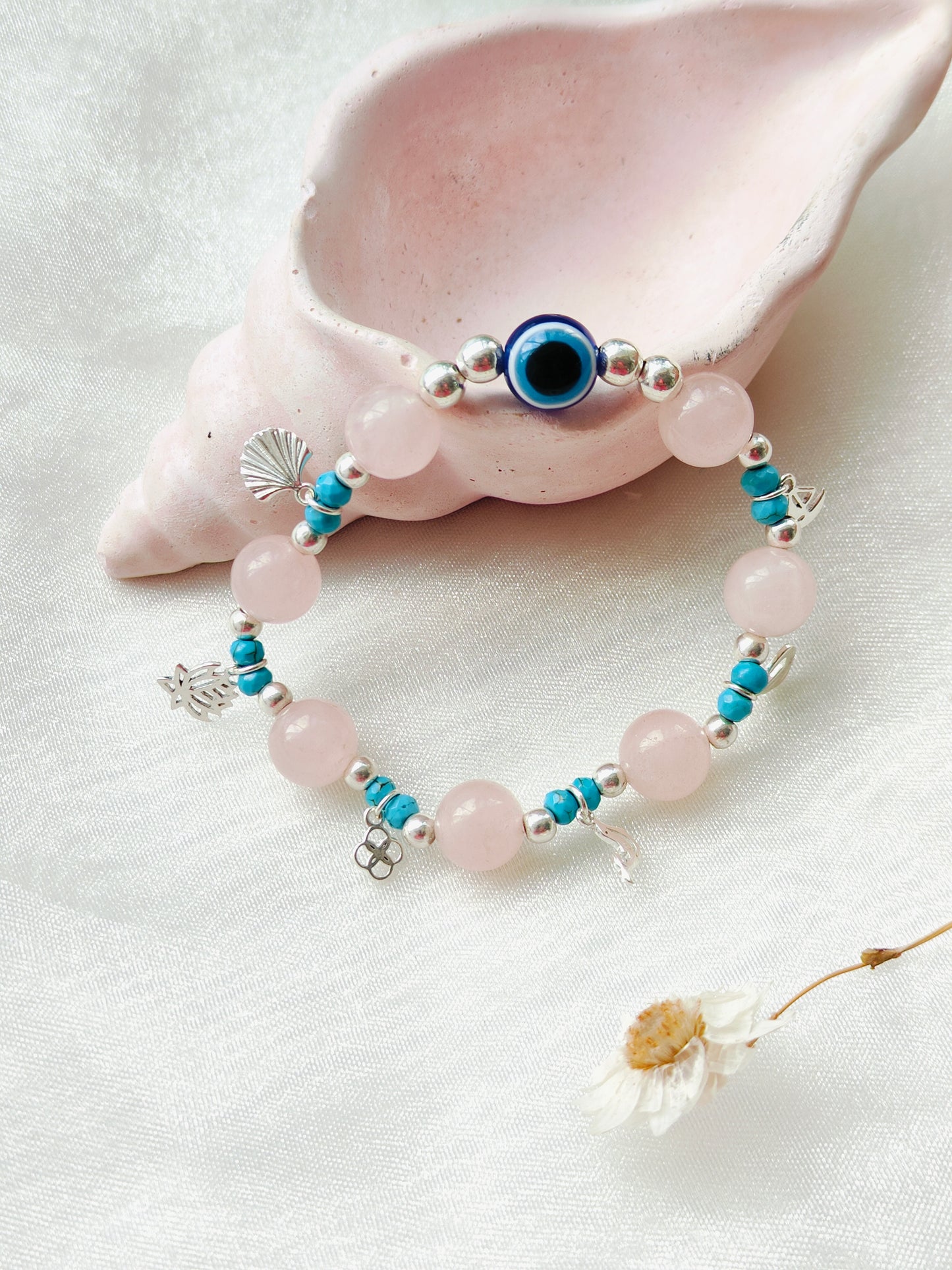 Charms, Stone & Silver Beads' Stretchable Bracelet with Evil Eye Stone
