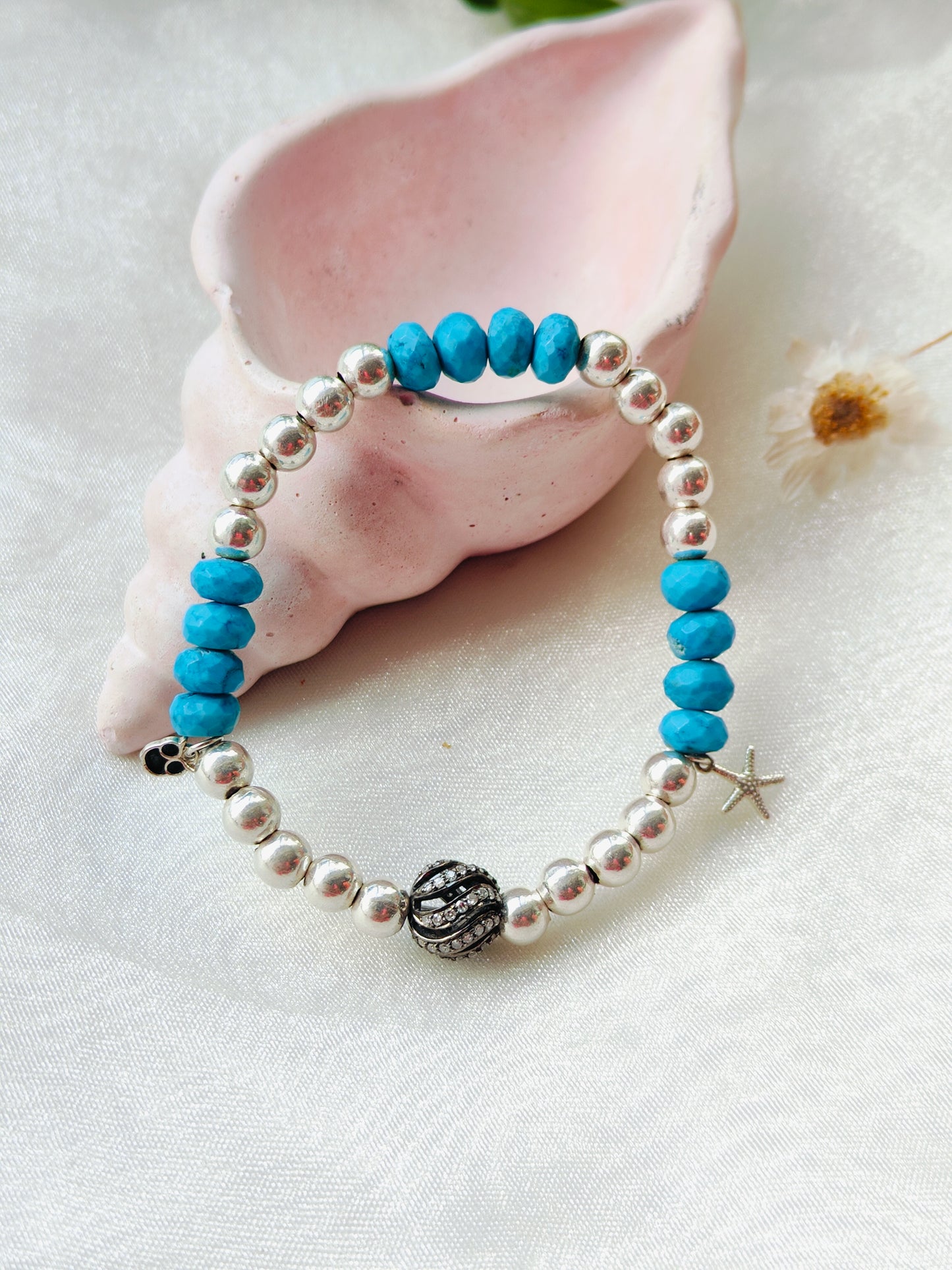 Stone & Silver Beads' Stretchable Bracelet with Charms with Dia