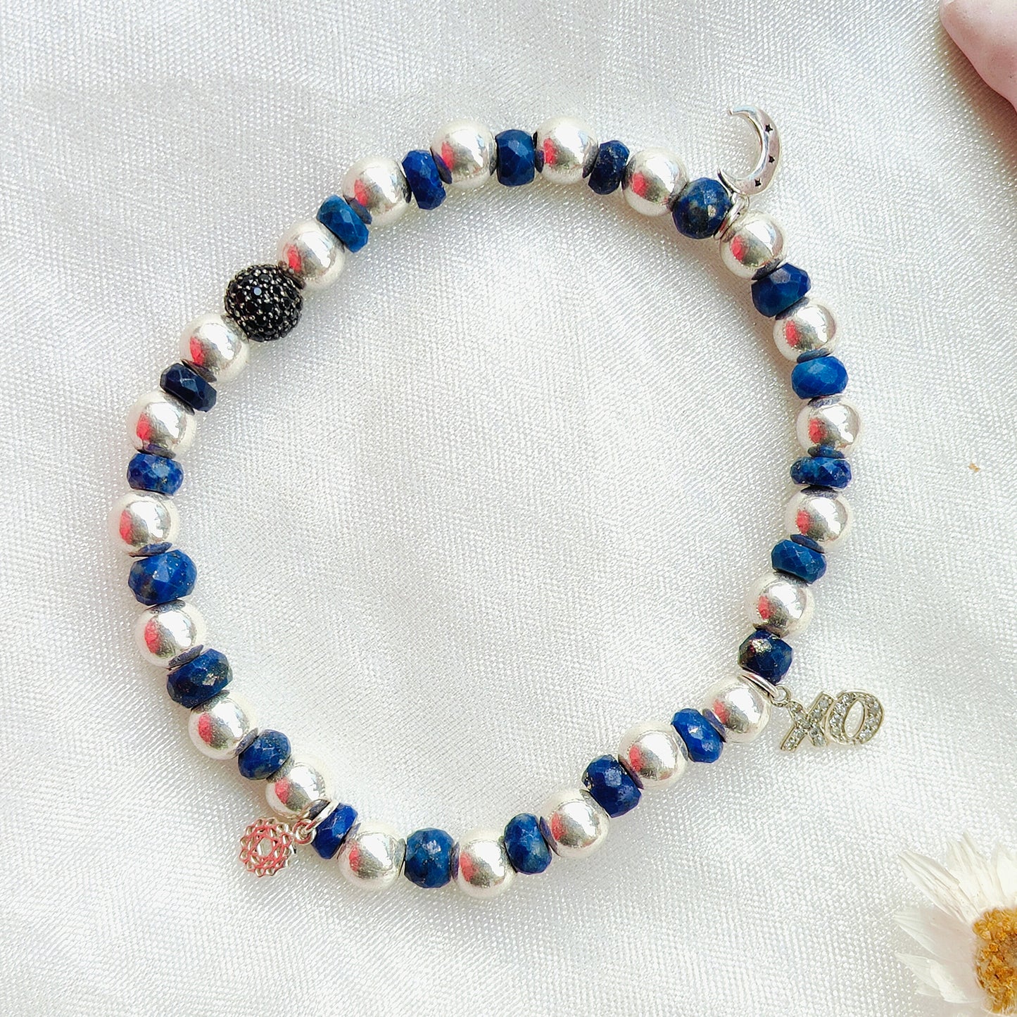 Stone & Silver Beads' Stretchable Bracelet with Charms with Dia