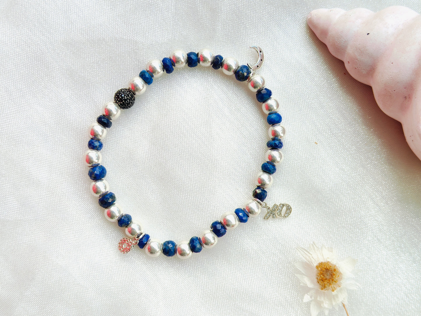 Stone & Silver Beads' Stretchable Bracelet with Charms with Dia
