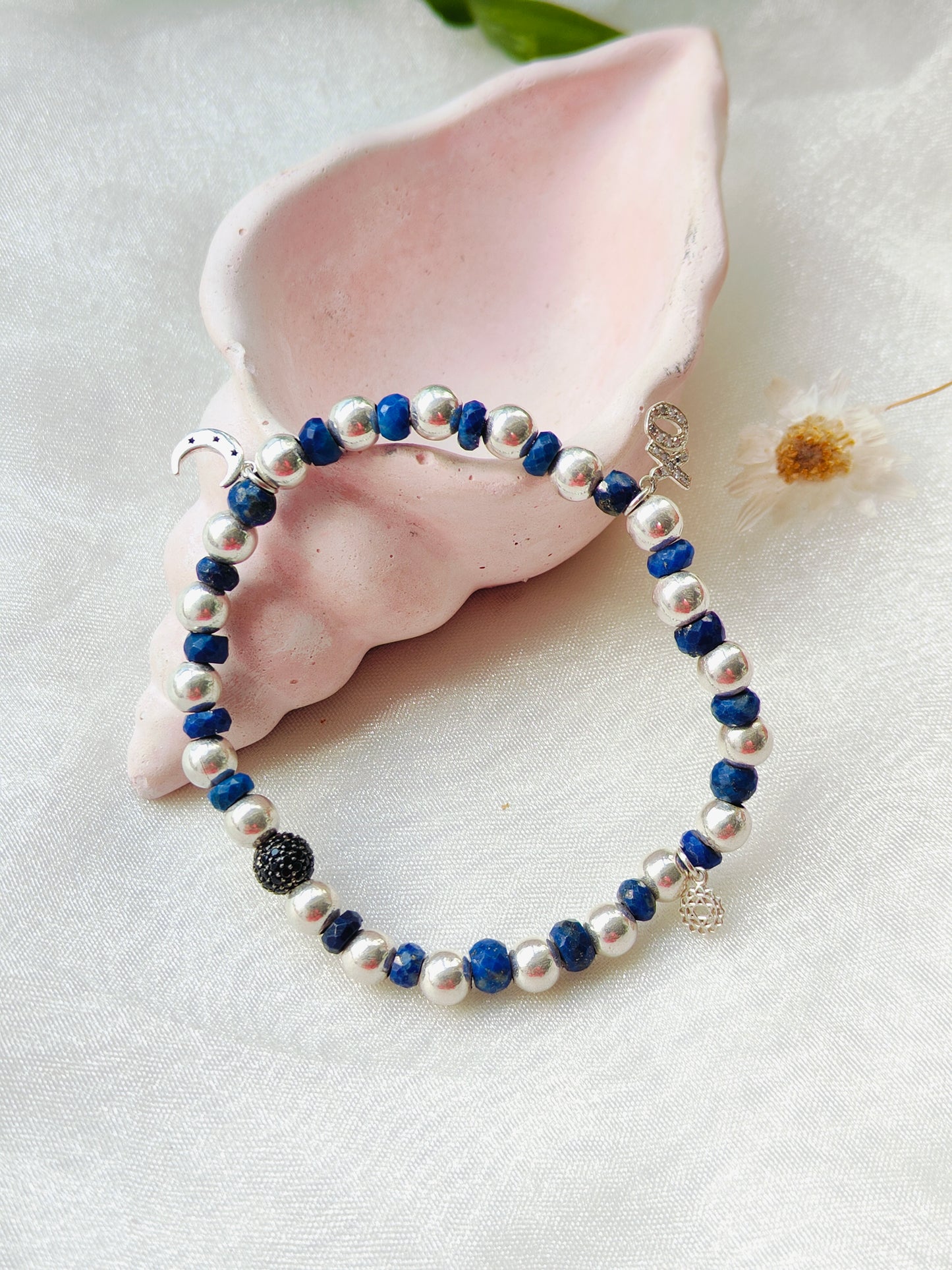 Stone & Silver Beads' Stretchable Bracelet with Charms with Dia