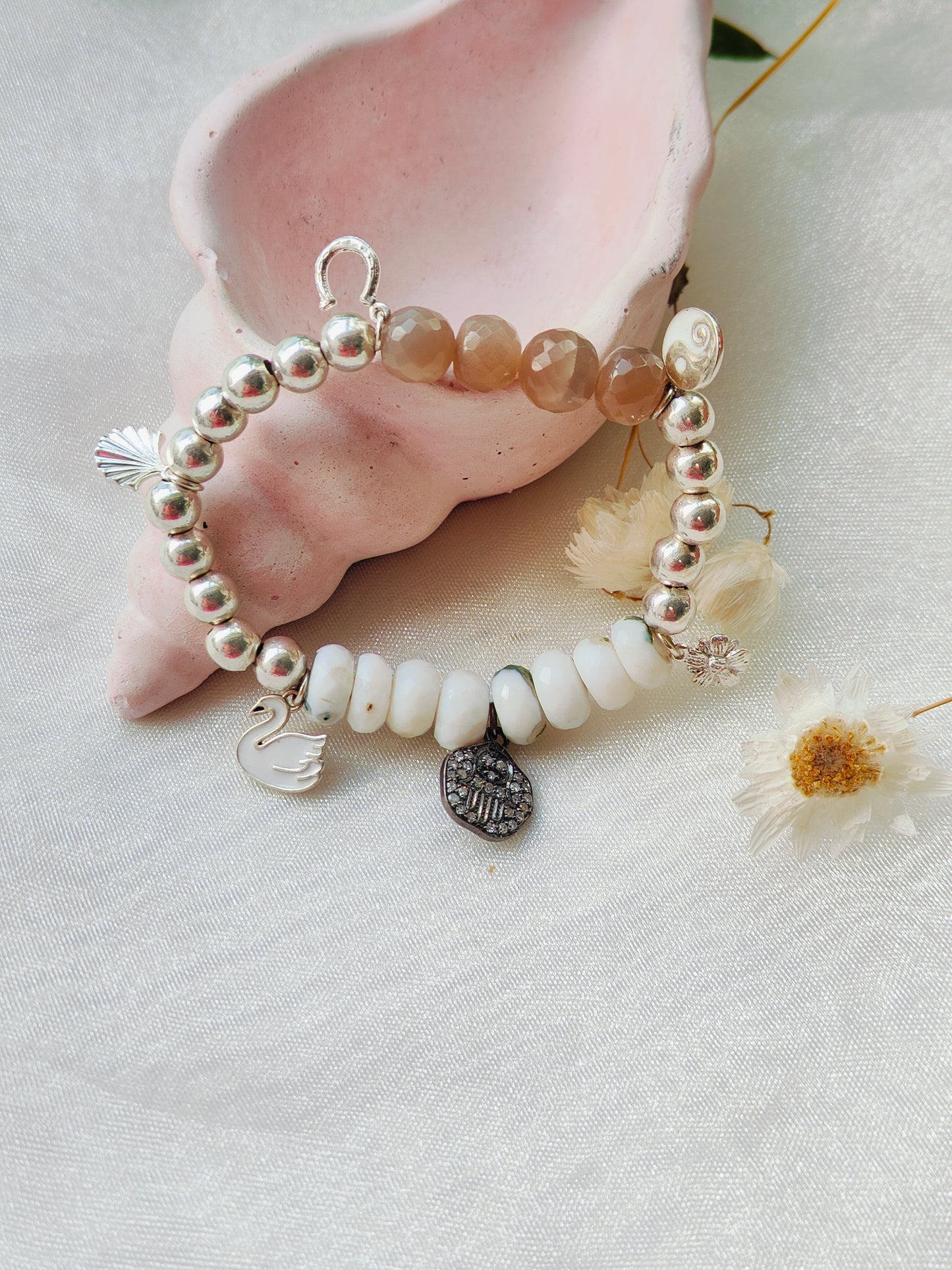Stone & Silver Beads' Stretchable Bracelet with Charms with Dia