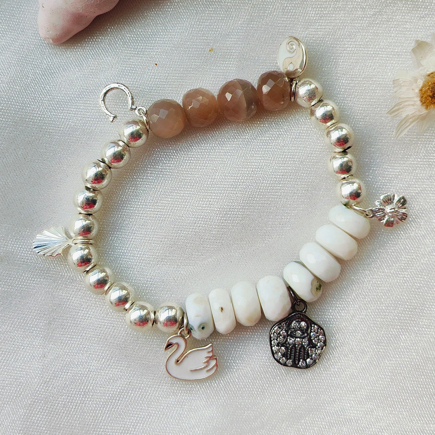 Stone & Silver Beads' Stretchable Bracelet with Charms with Dia
