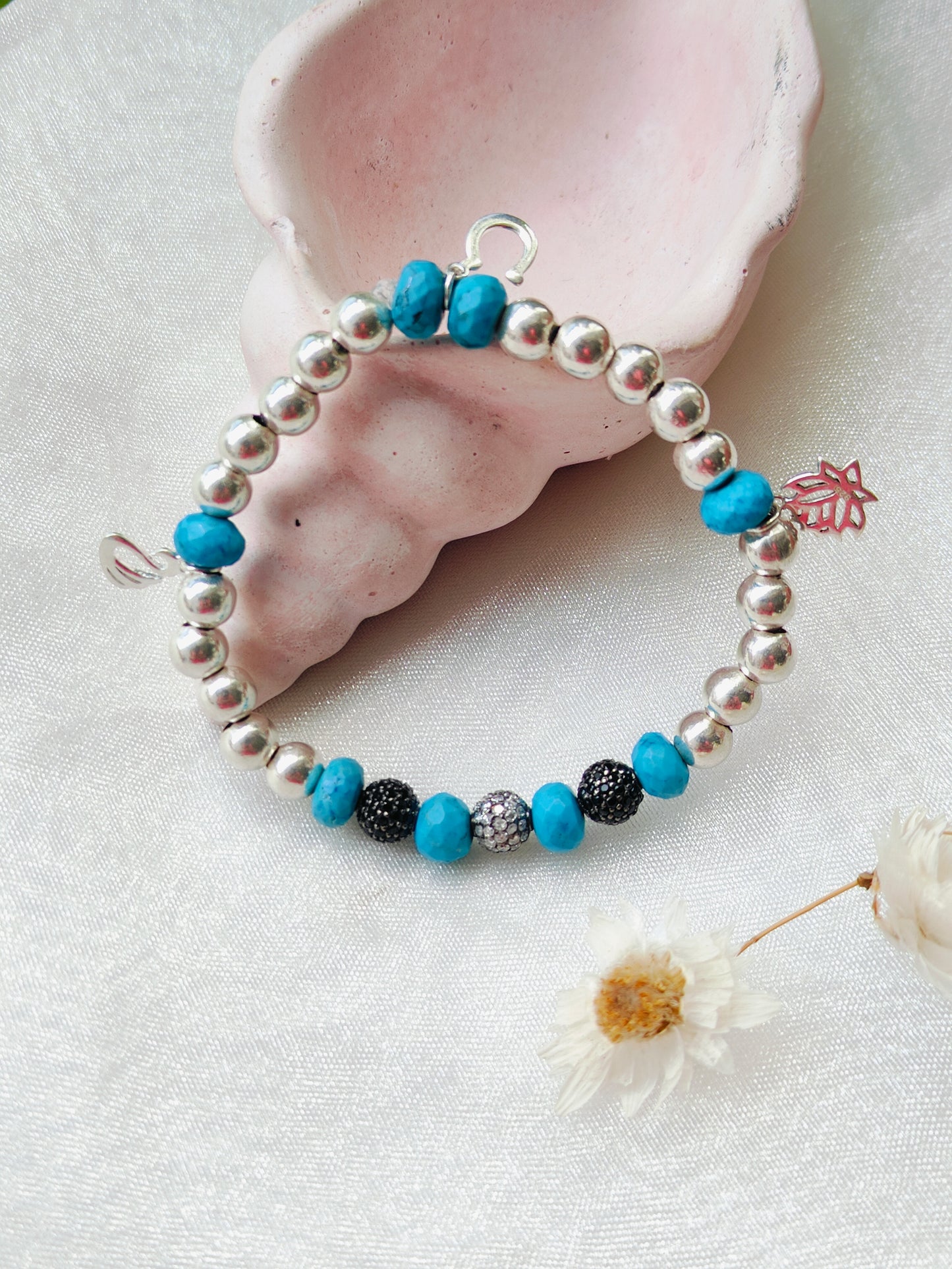Stone & Silver Beads' Stretchable Bracelet with Charms with Dia
