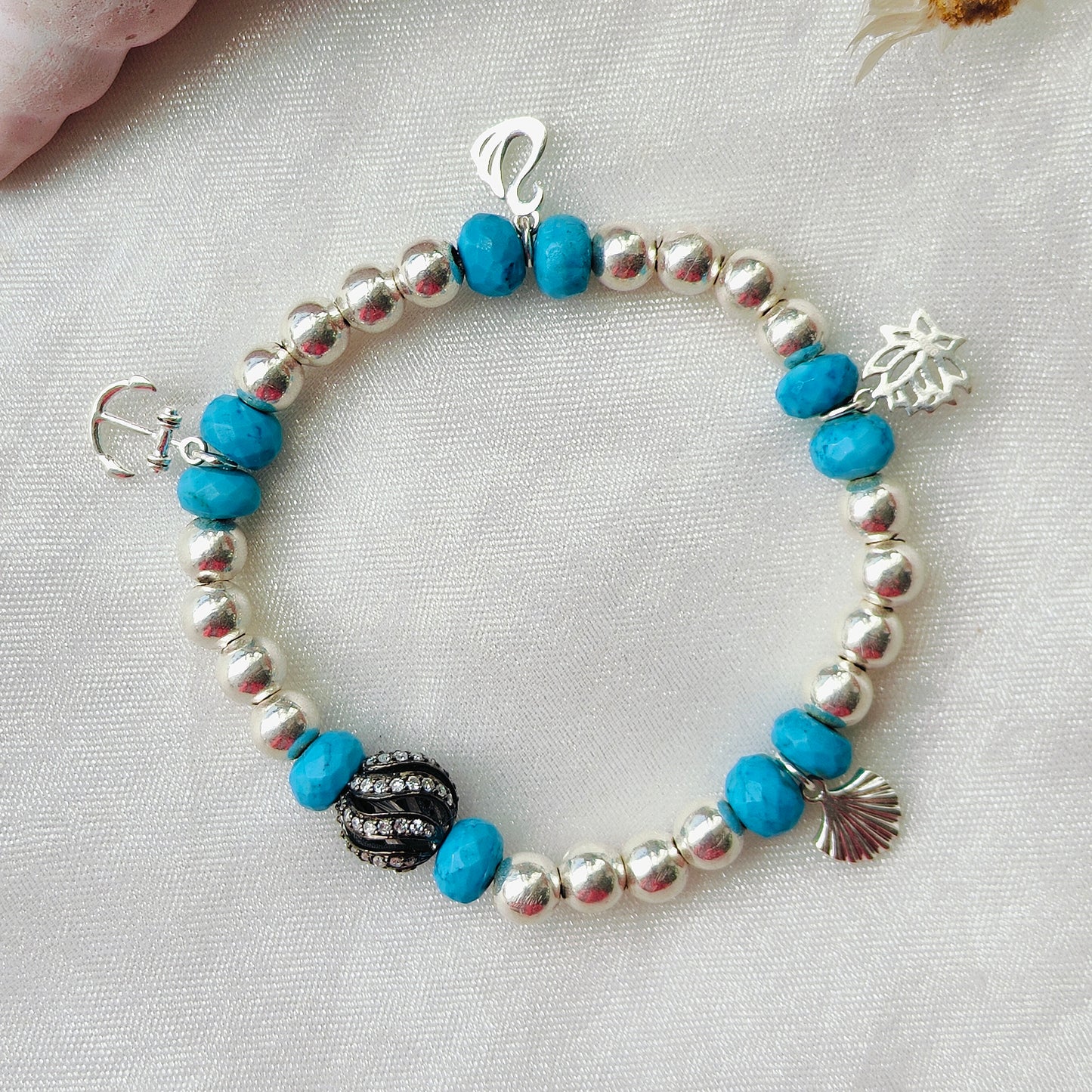 Stone & Silver Beads' Stretchable Bracelet with Charms with Dia