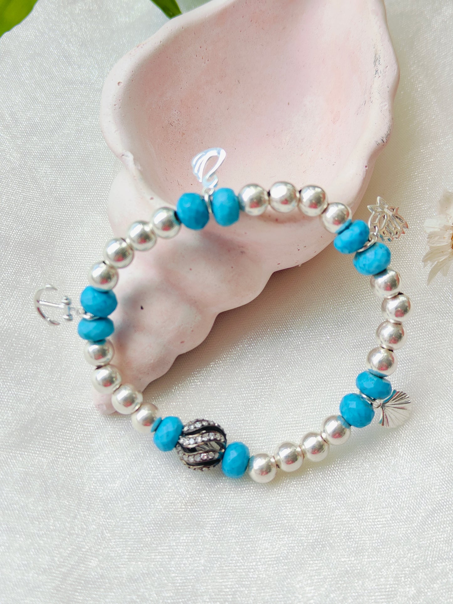 Stone & Silver Beads' Stretchable Bracelet with Charms with Dia
