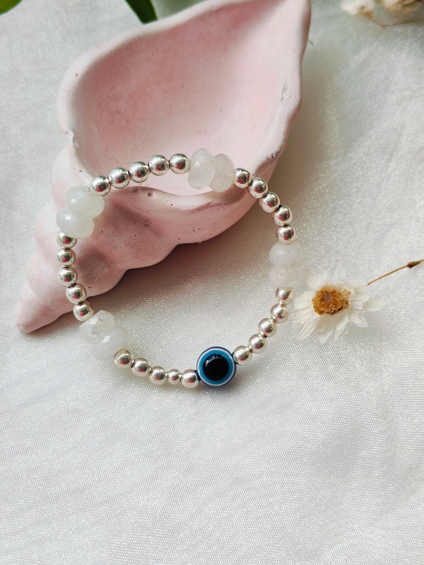 Stone & Silver Beads' Stretchable Bracelet with Evil Eye Stone Bead