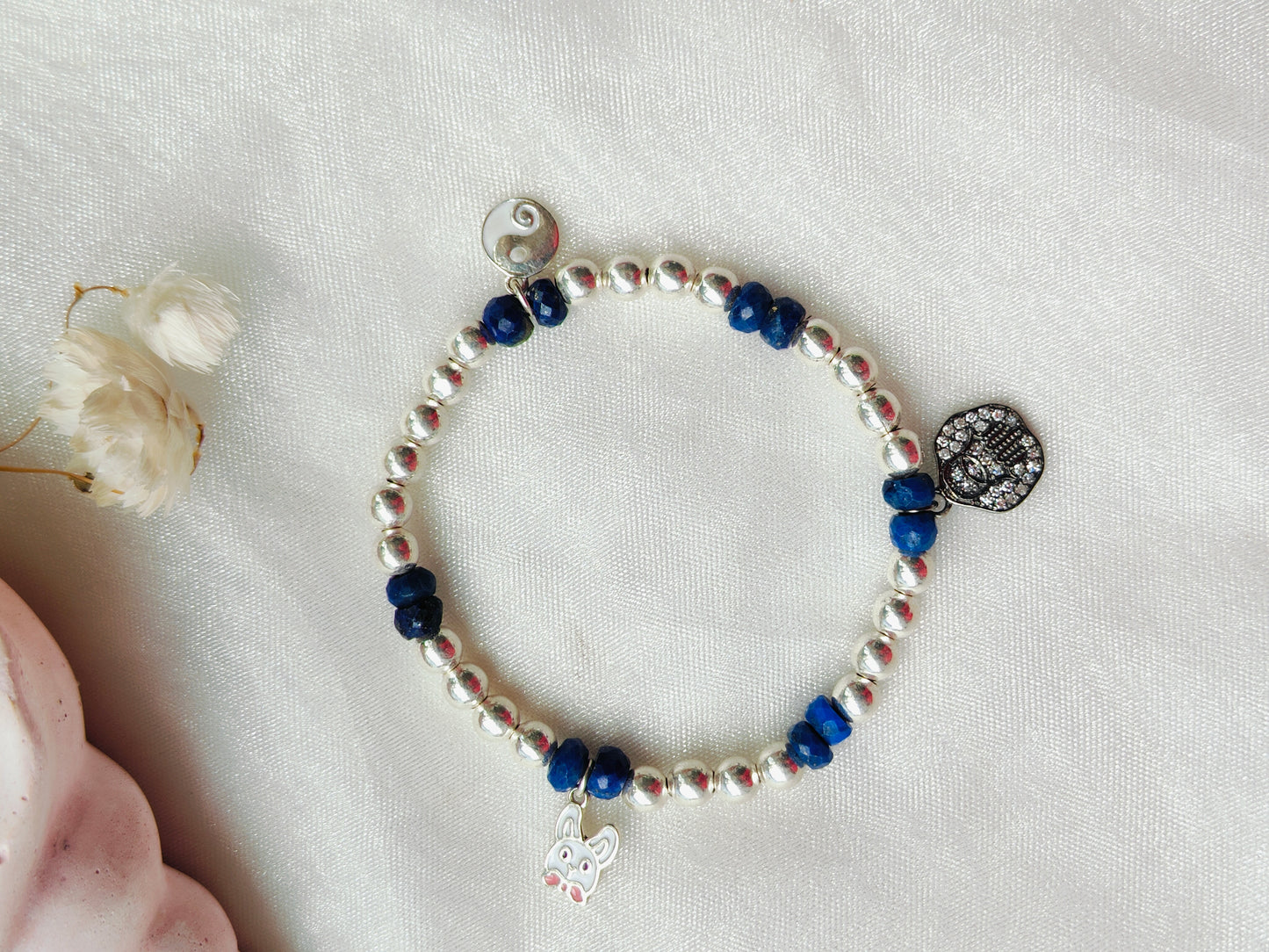 Stone & Silver Beads' Stretchable Bracelet with Charms with Dia