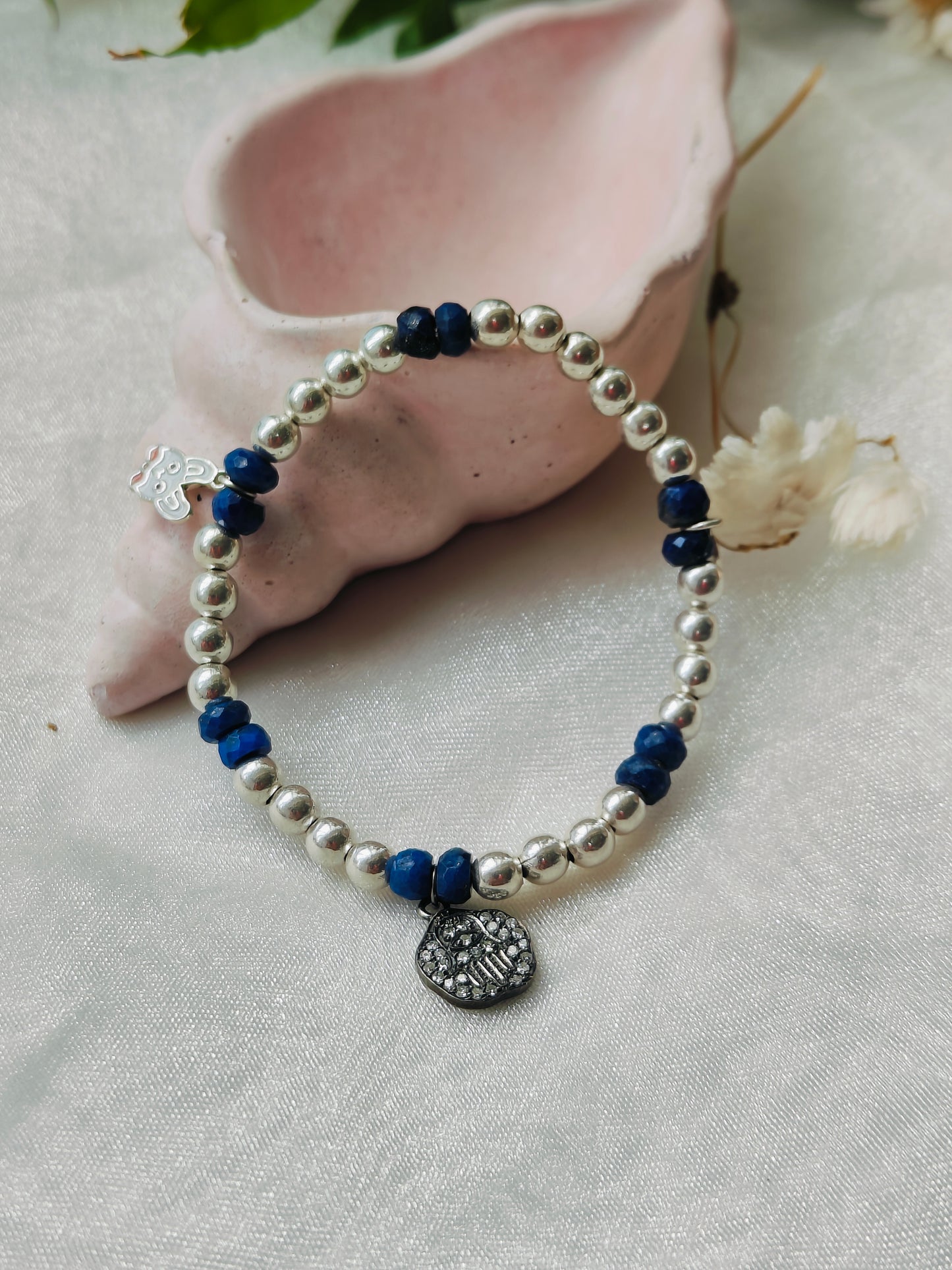 Stone & Silver Beads' Stretchable Bracelet with Charms with Dia