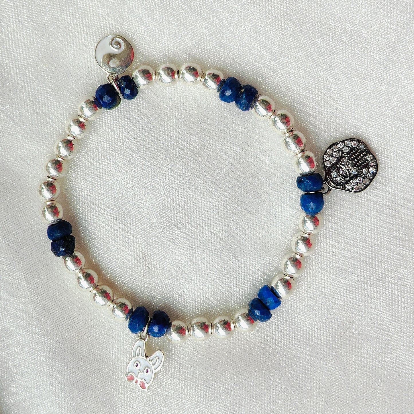 Stone & Silver Beads' Stretchable Bracelet with Charms with Dia
