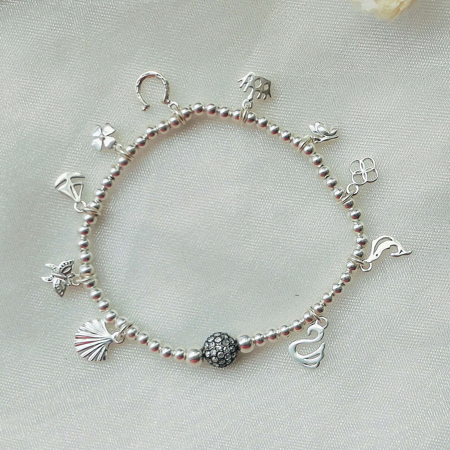Silver Beads & Charms' Stretchable Bracelet with Dia