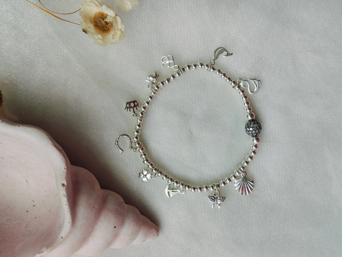 Silver Beads & Charms' Stretchable Bracelet with Dia