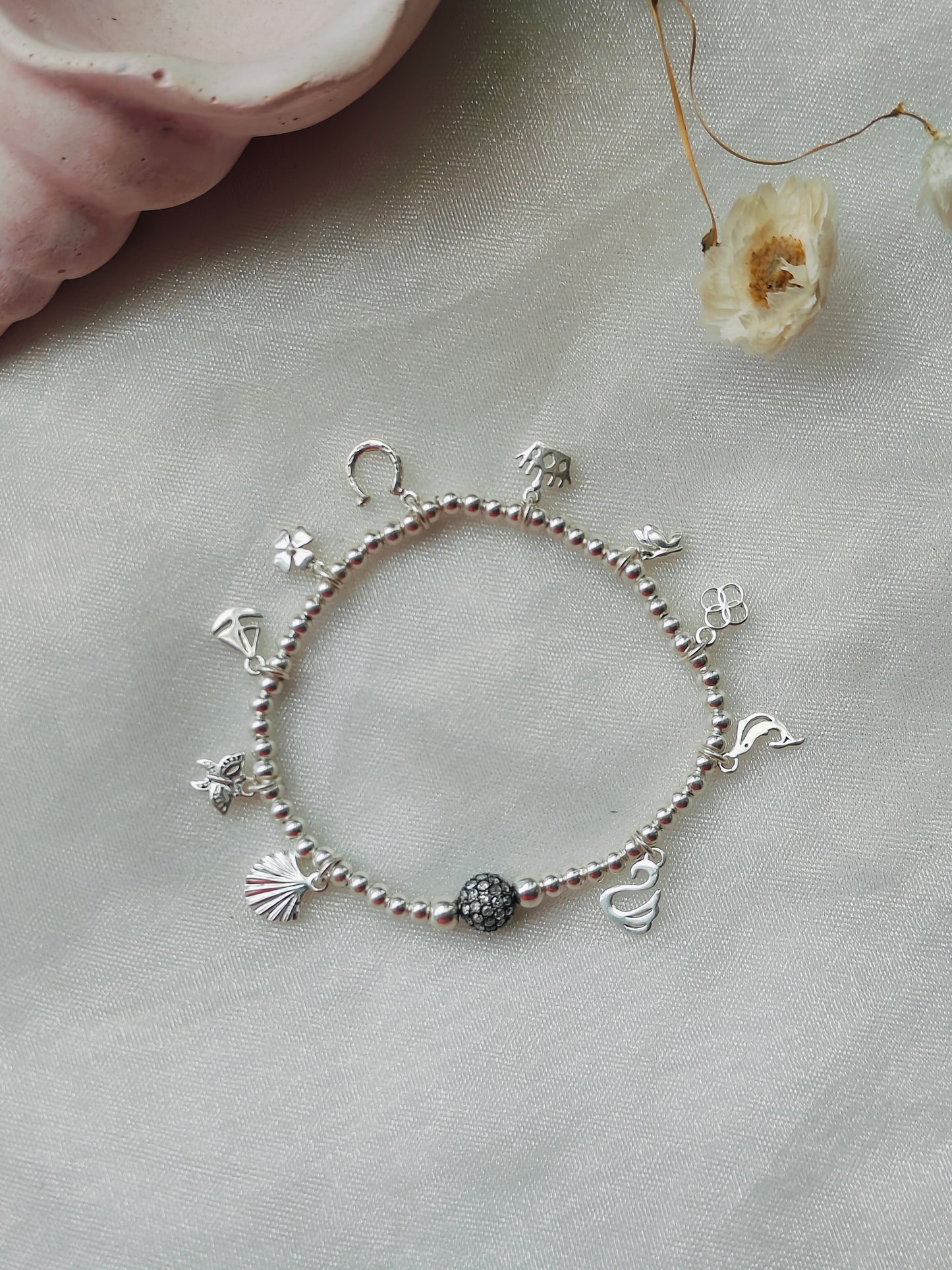 Silver Beads & Charms' Stretchable Bracelet with Dia