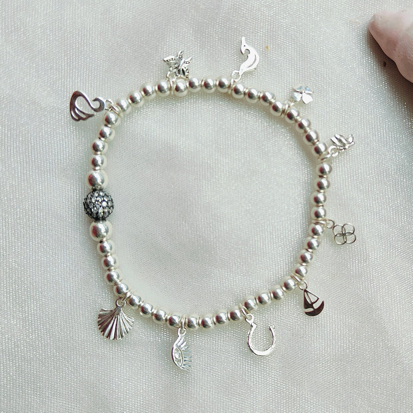 Silver Beads' Stretchable Bracelet with Charms & Bead with Dia