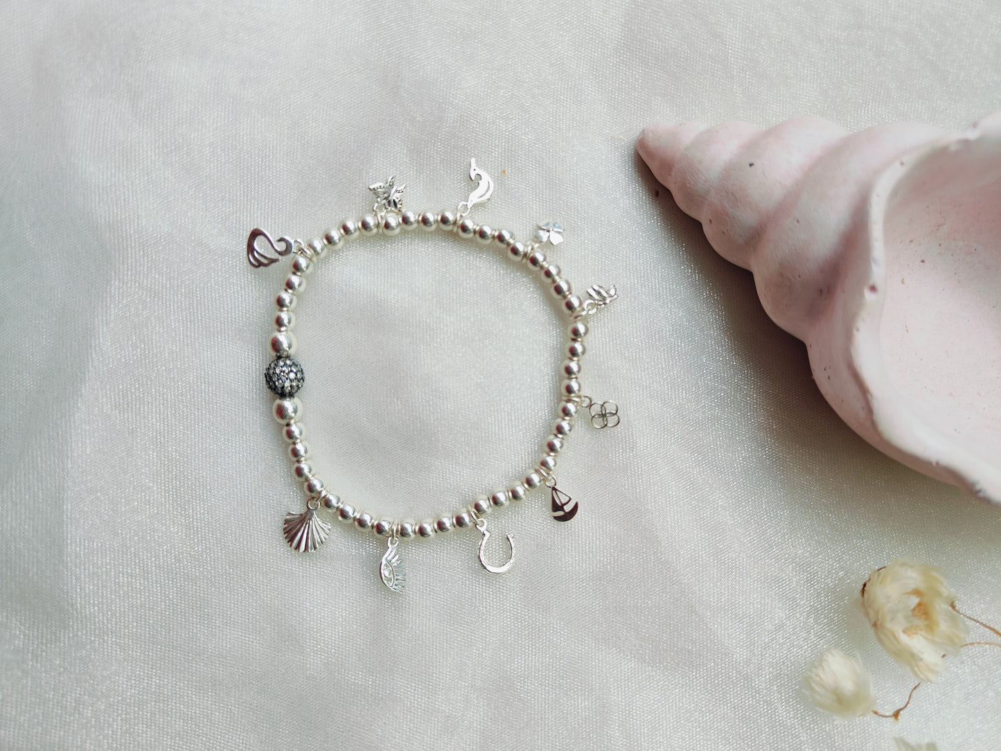 Silver Beads' Stretchable Bracelet with Charms & Bead with Dia