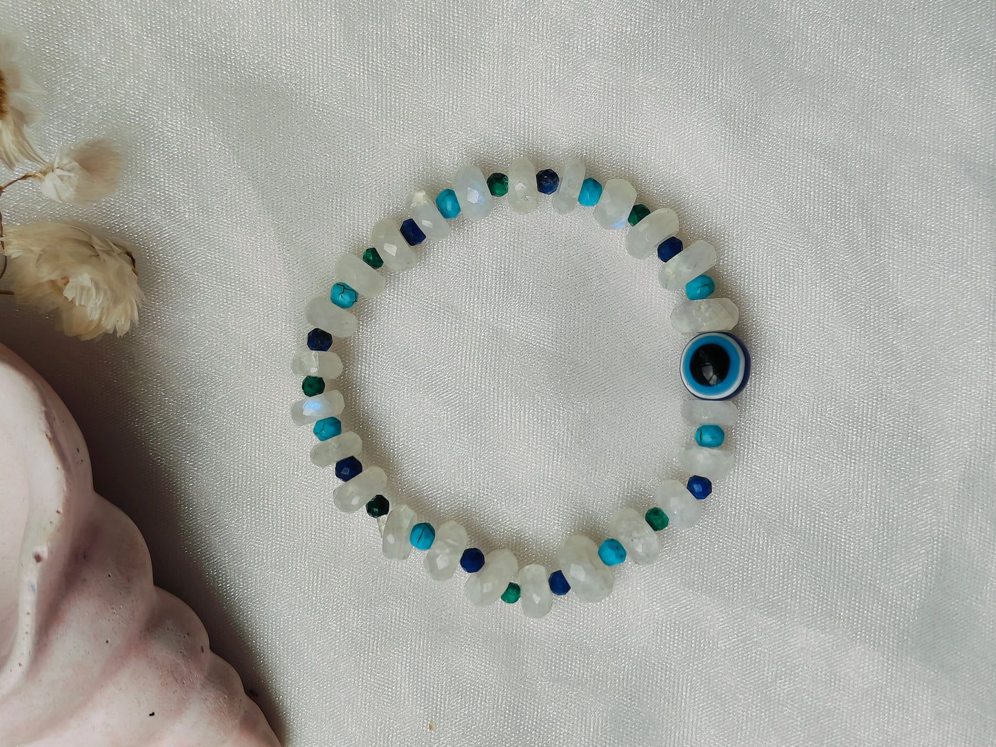 Stone Beads' Stretchable Bracelet with Evil Eye Stone