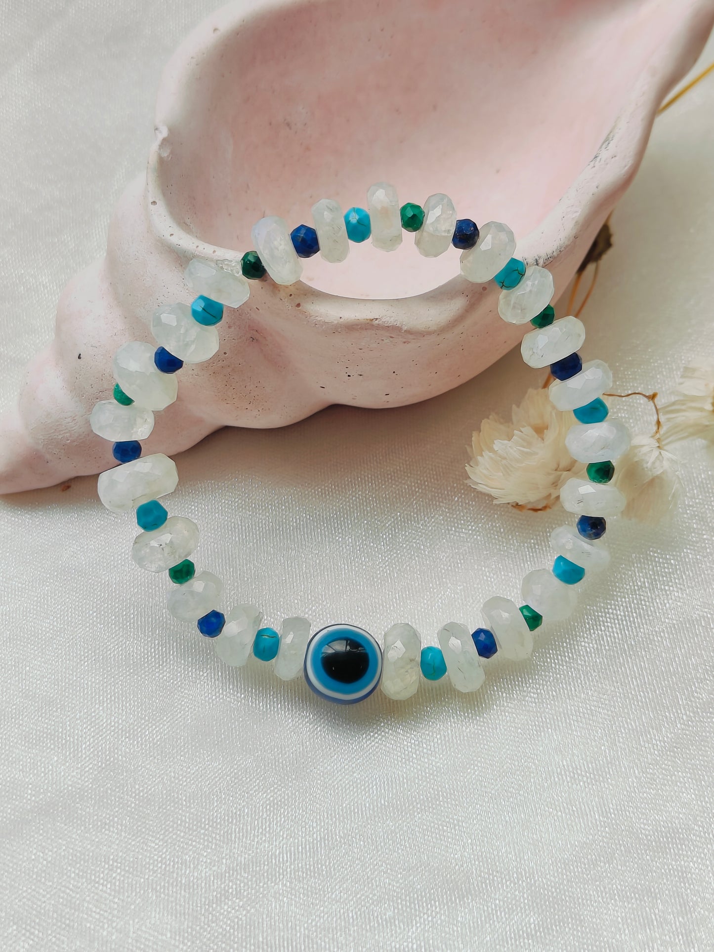 Stone Beads' Stretchable Bracelet with Evil Eye Stone