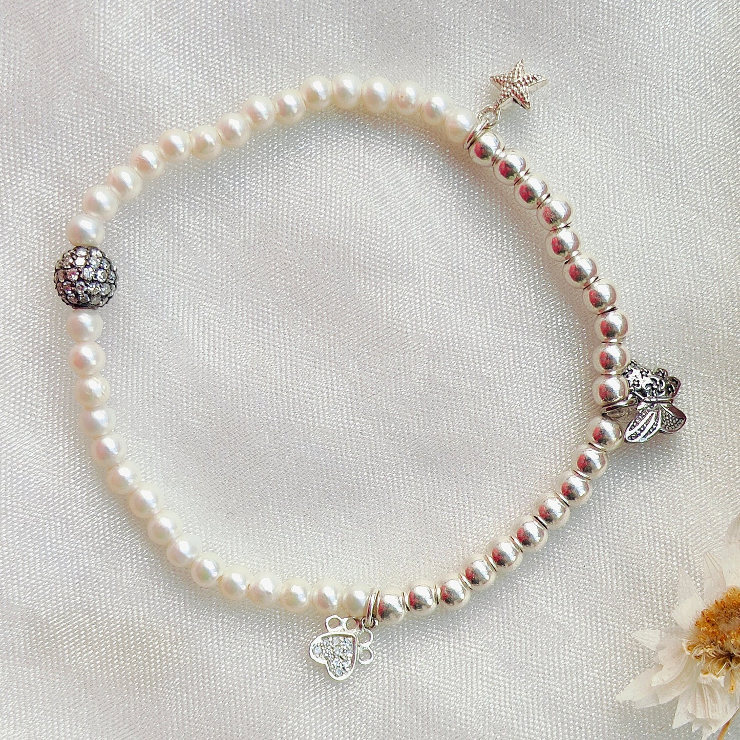 Stone & Silver Beads' Stretchable Bracelet with Charms with Dia